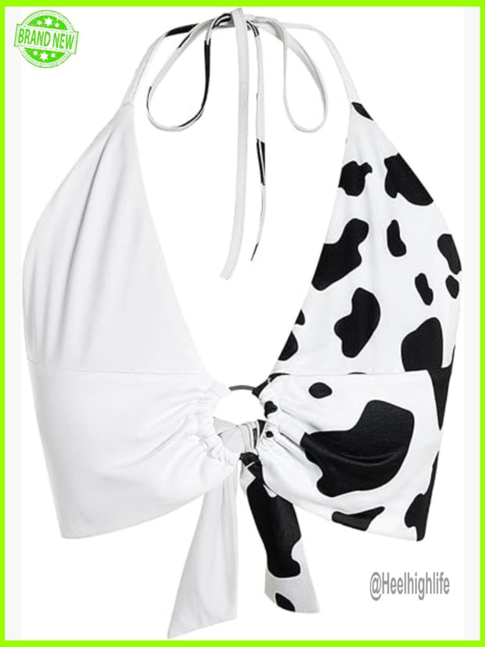 Y2K Western Cowgirl Halter Top Cow Print Deep V Neck Tie Back Crop Top